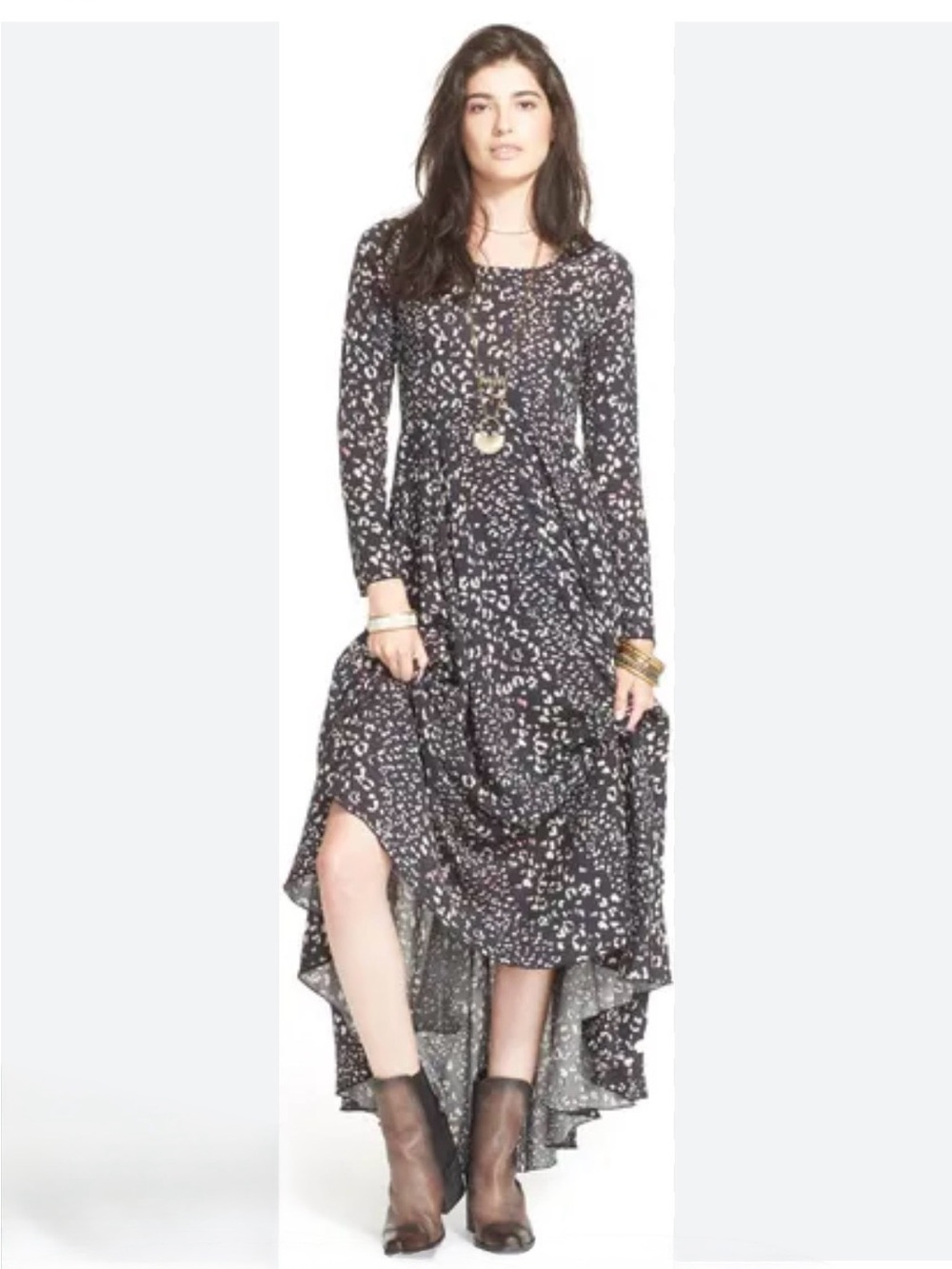 Free People First Kiss Maxi Dress Black Animal Print Long Sleeve Size Medium